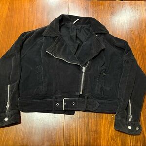 Free People Zip Corduroy Black Biker Cropped Jacket Coat S